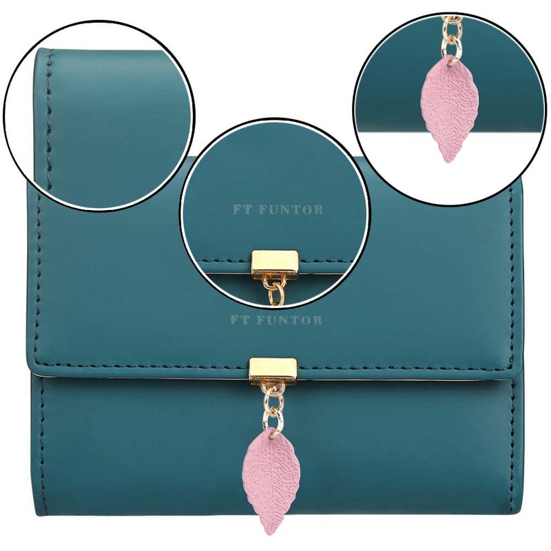 FT FUNTOR RFID Wallets for Women, Leaf Card Holder Trifold Ladies Wallets Coins Zipper Pocket with ID Window Small Teal Blue - Image 3